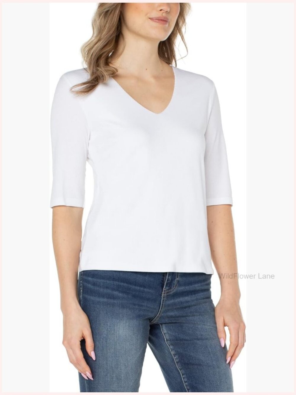V-Neck Rib Knit Top with Double Layer Front, Half Sleeves